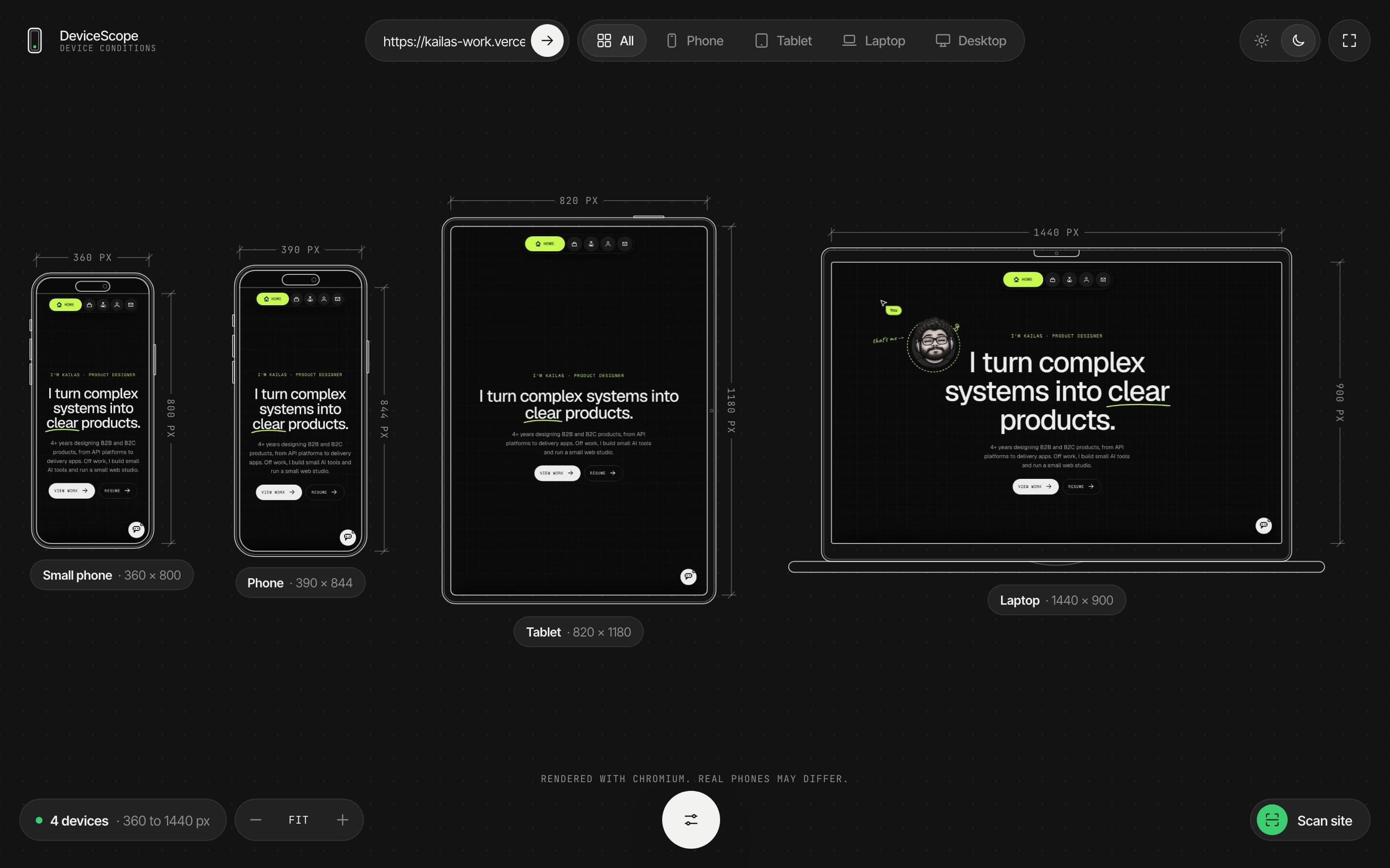 DeviceScope showing this portfolio on phones, a tablet and a laptop