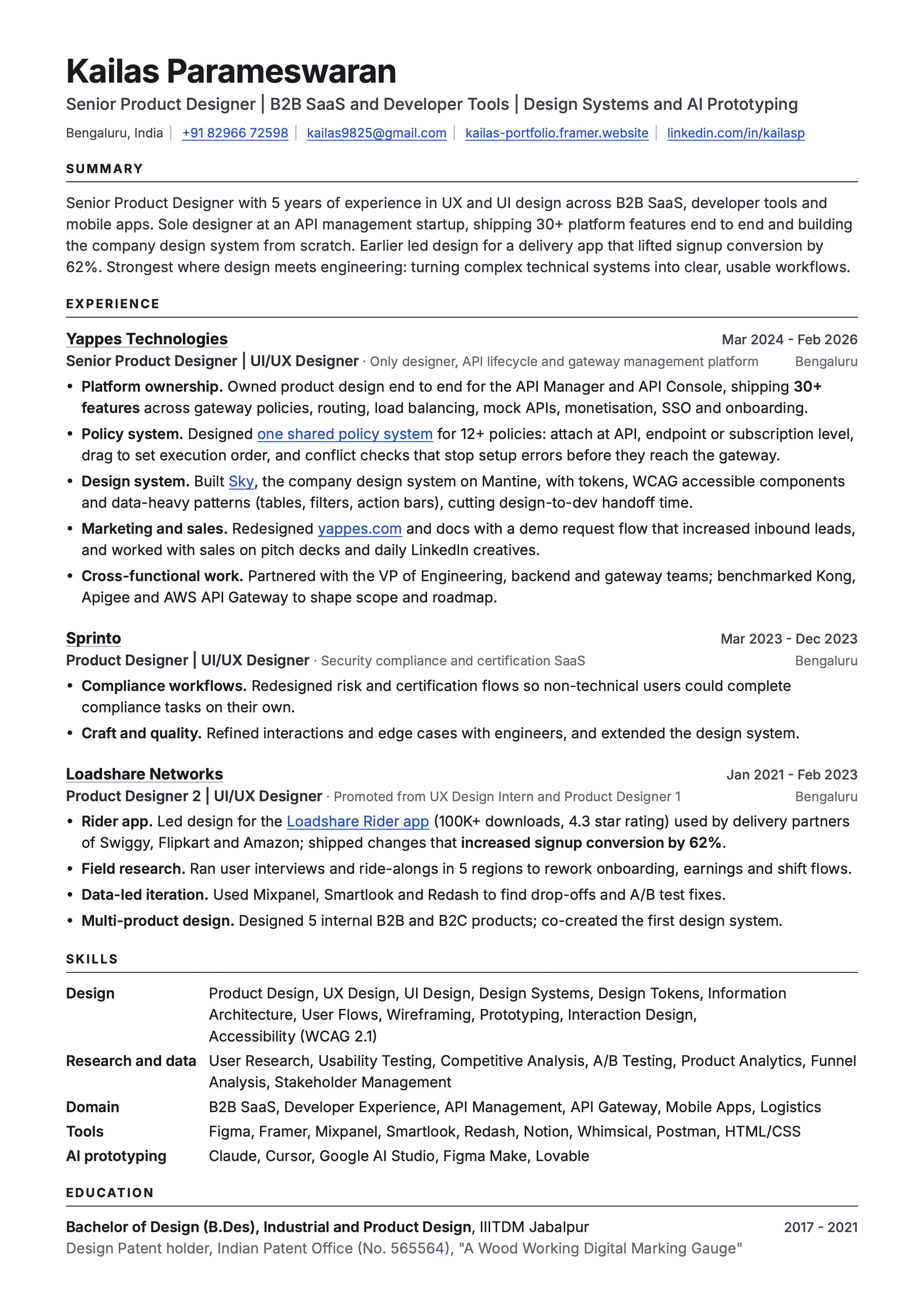 Resume of Kailas Parameswaran, page 1