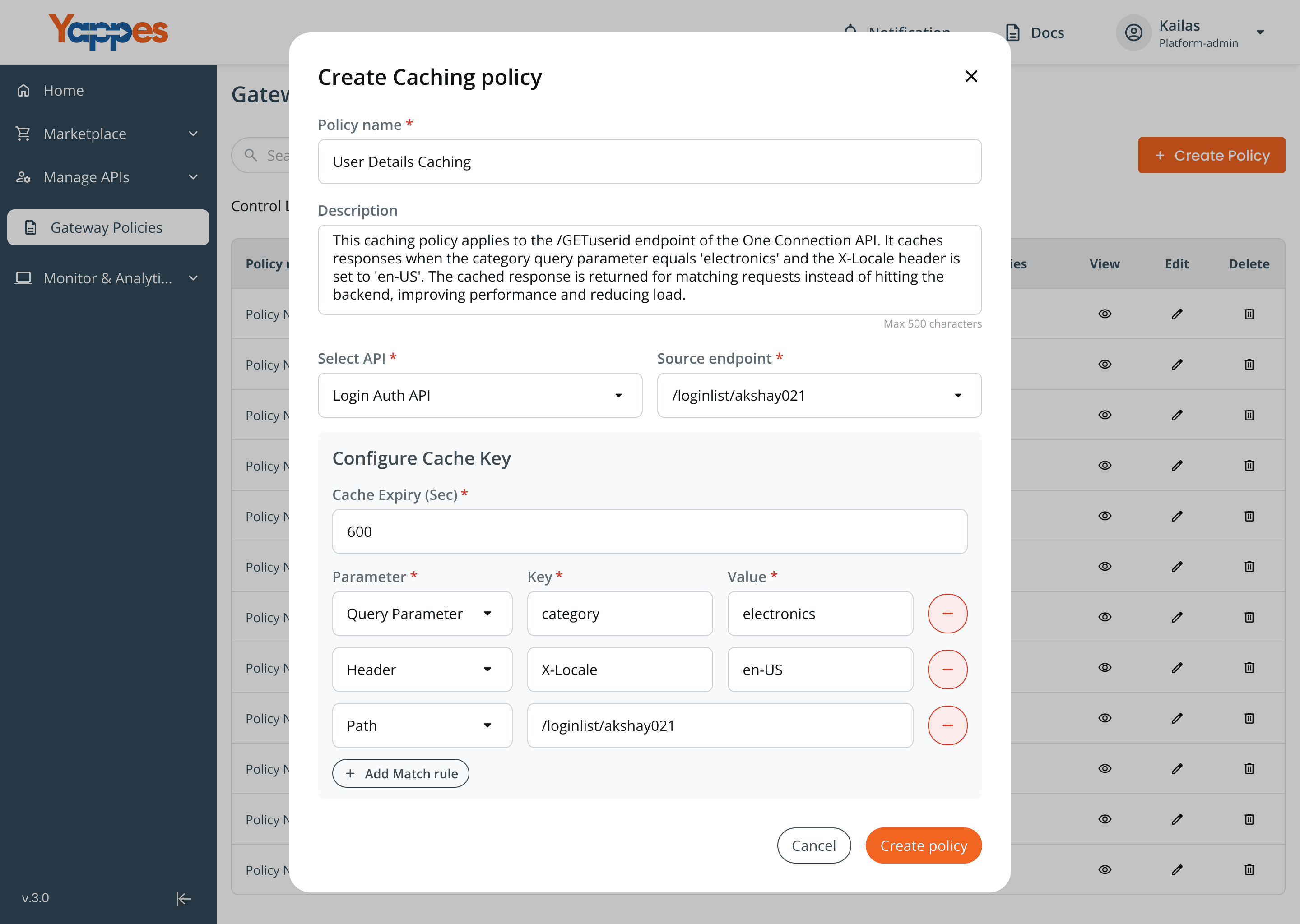 Yappes Caching policy form