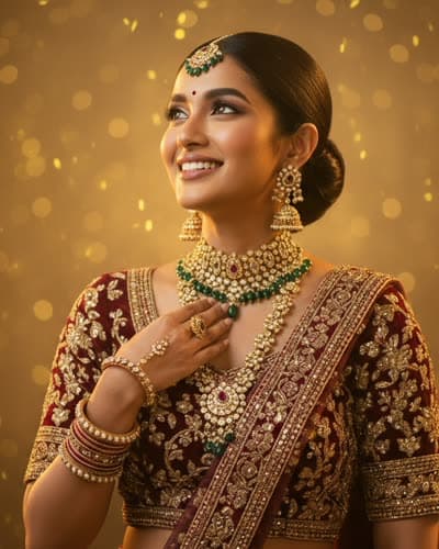 Bride in gold jewellery and a red saree