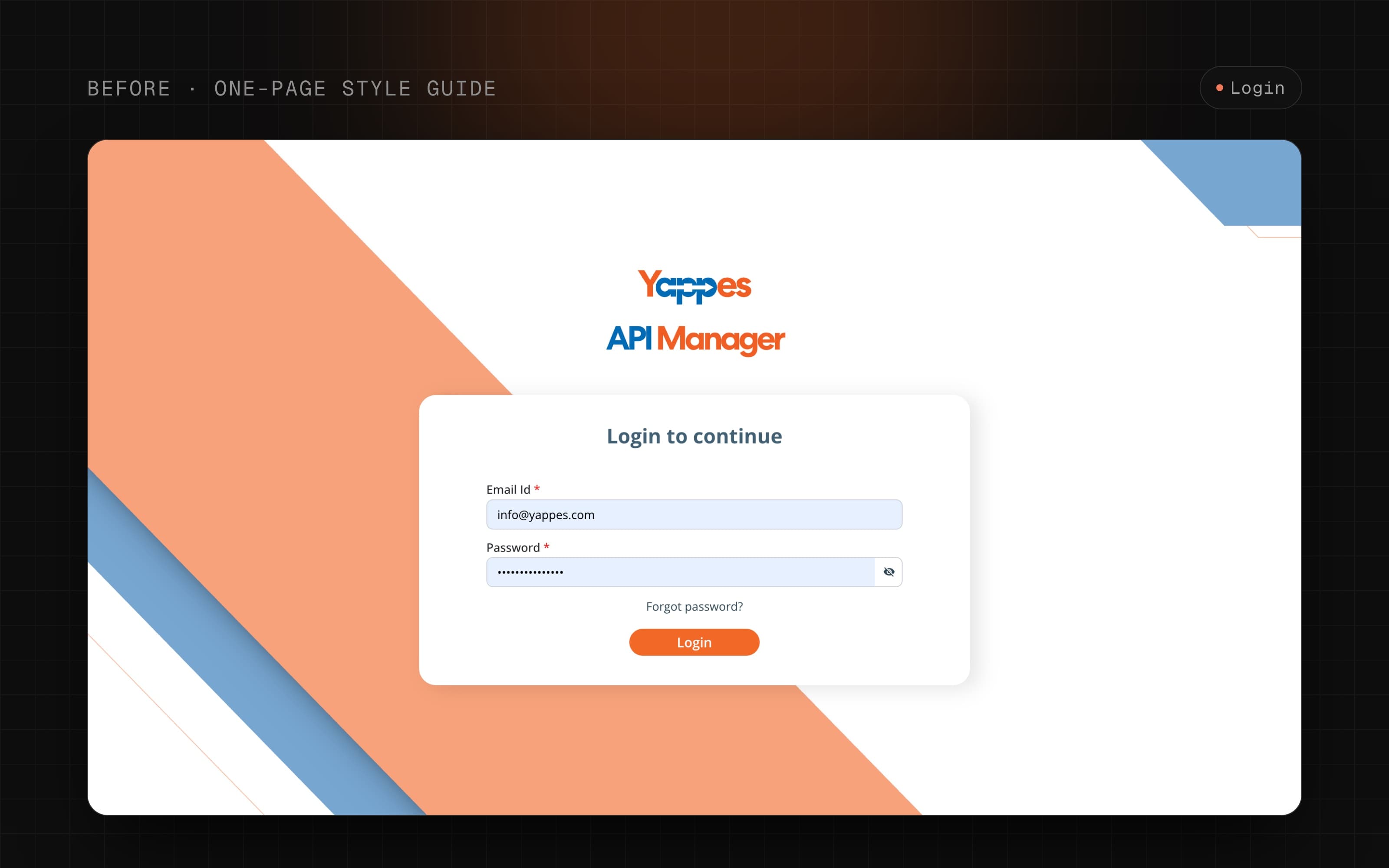 Before: the old API Manager login, from the one-page style guide