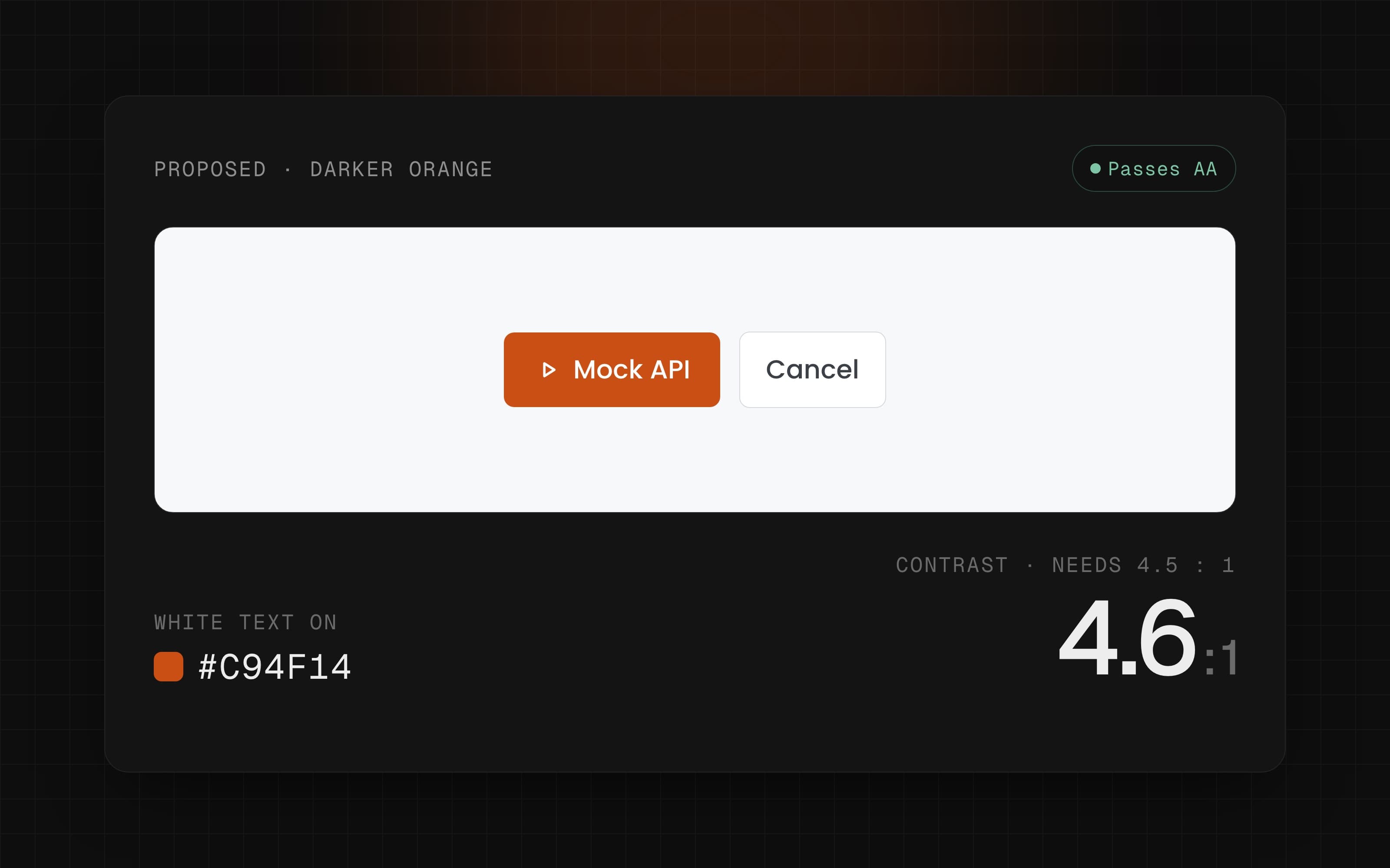 Proposed: white text on darker orange #C94F14, 4.6 to 1, passes AA