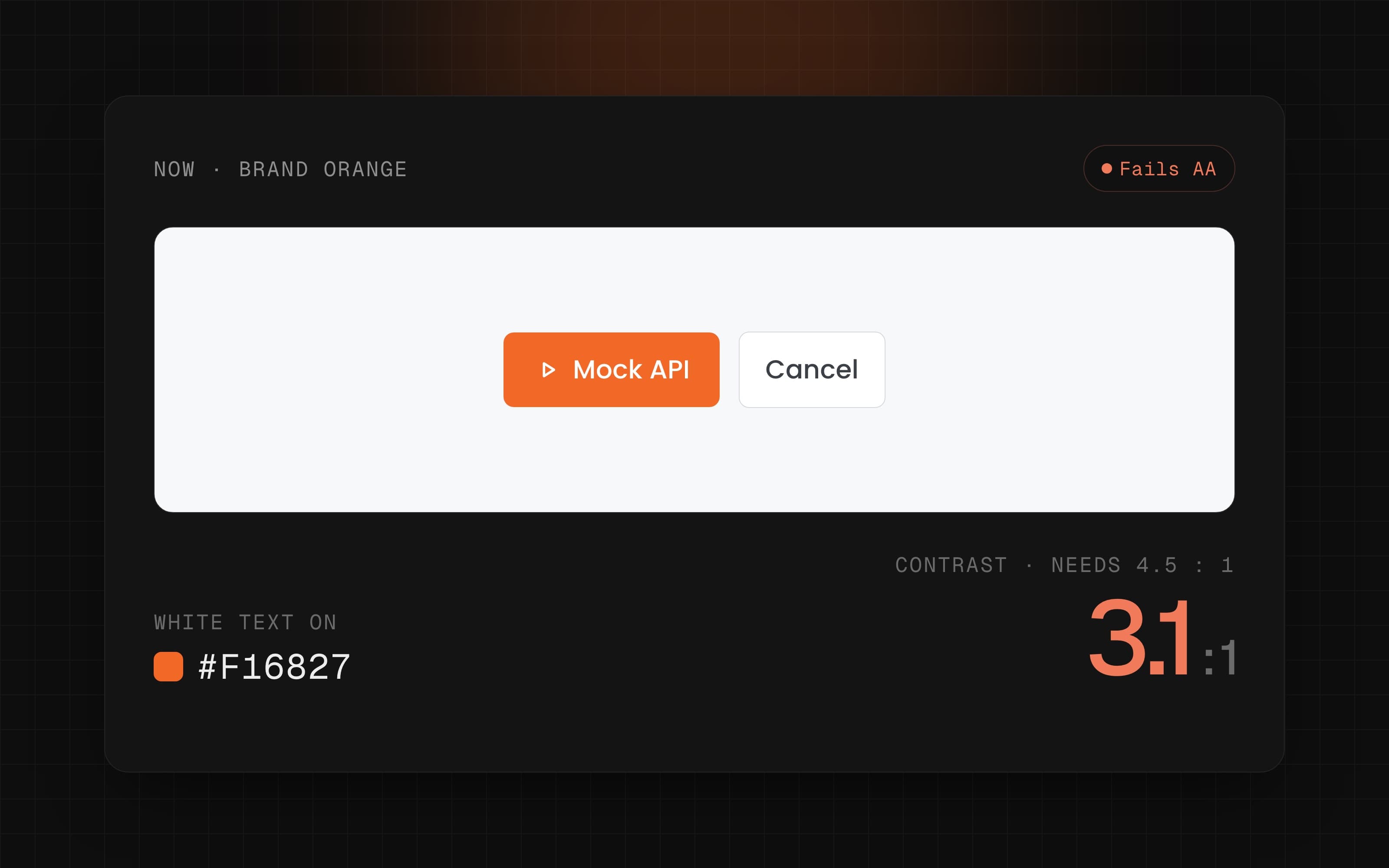 Now: white text on brand orange #F16827, 3.1 to 1, fails AA