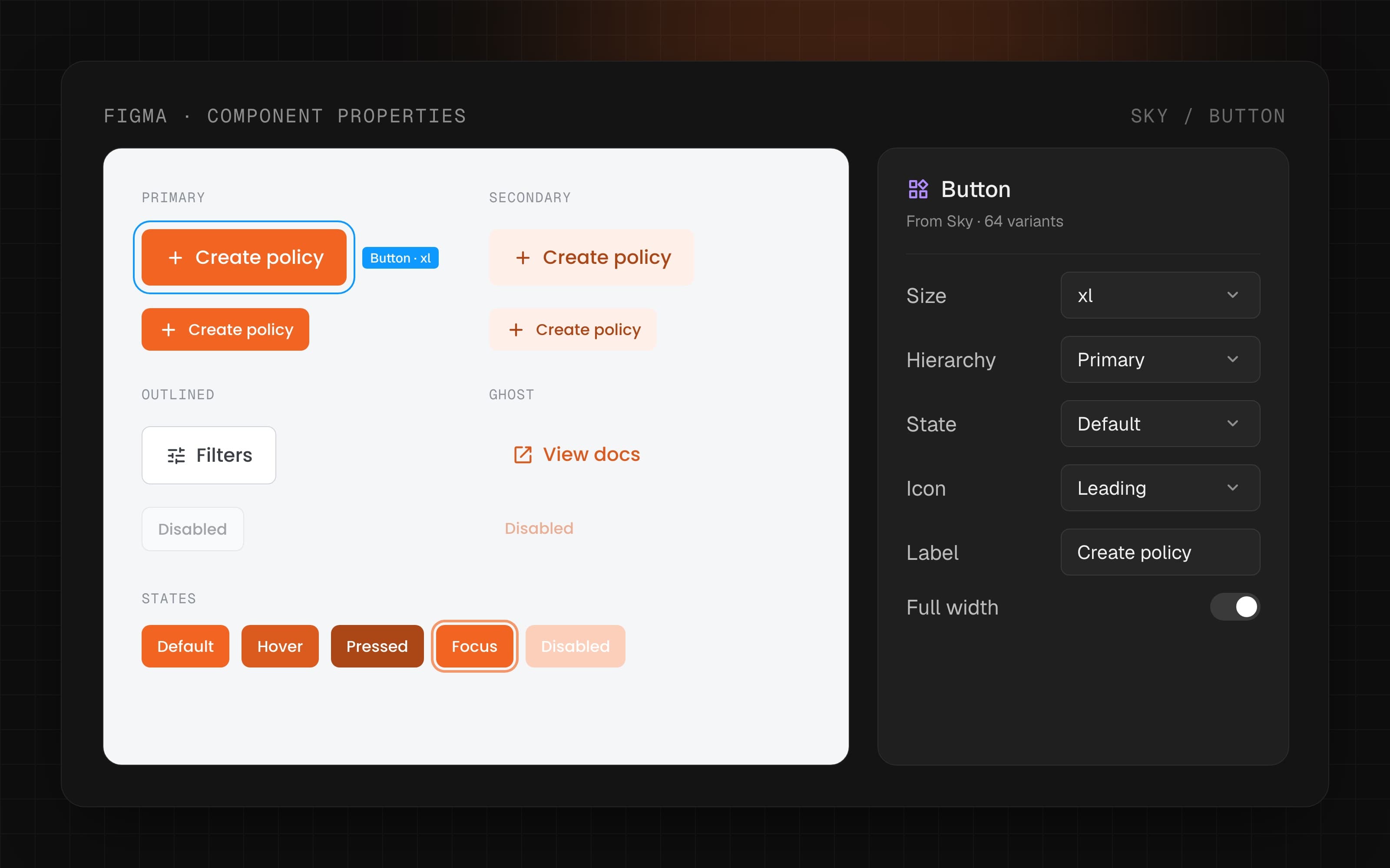 The Sky button in Figma, with its component properties